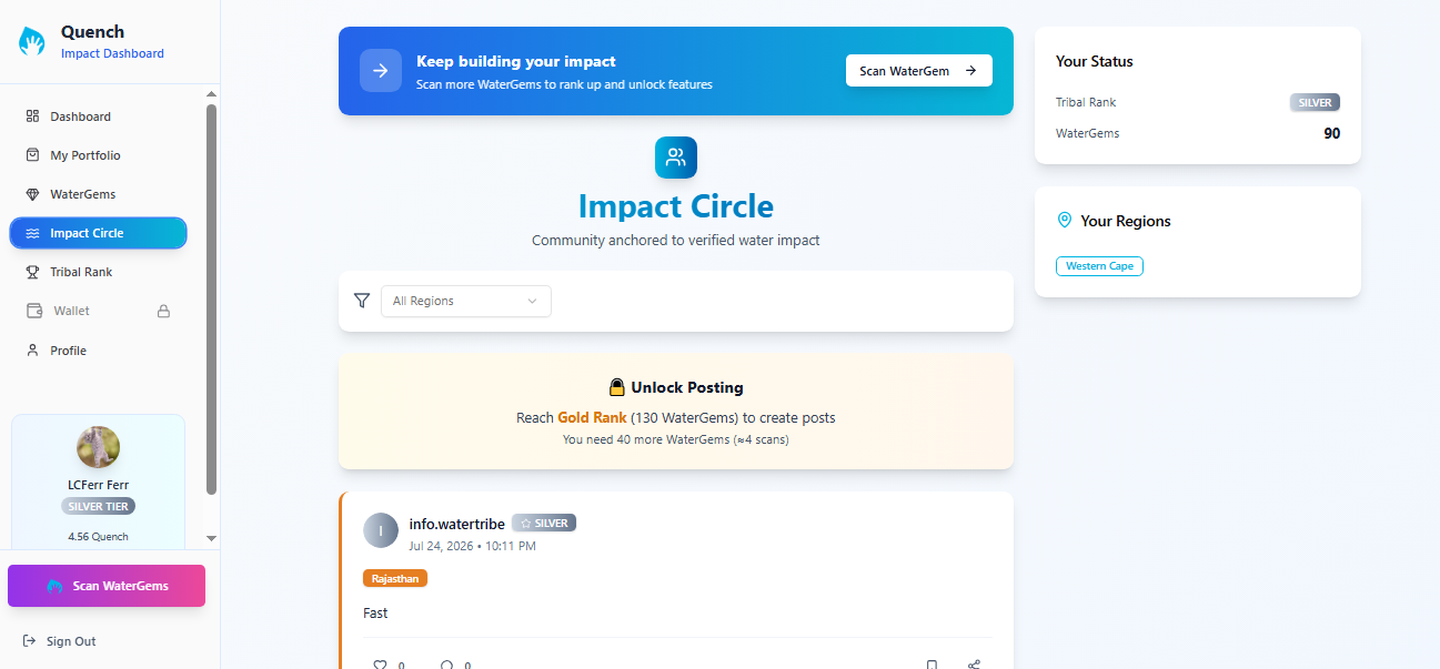 WaterTribe app screen showing impact circle