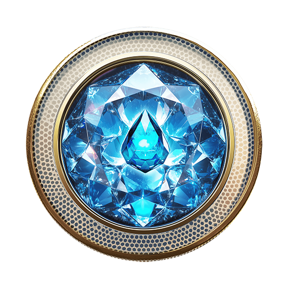 Gold Quench coin with a blue WaterGem